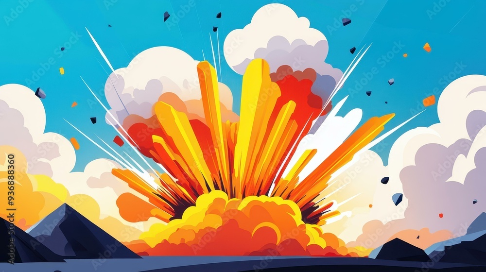 Sticker Discover the vibrant eruption of Icelands volcanoes through colorful cartoon art that brings nature to life.