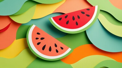 Vibrant, playful flat design showcasing watermelon slices on a green canvas with fun textures for a cheerful vibe.