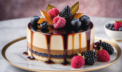 A round, layered cake with a glossy chocolate glaze is topped with blueberries, blackberries, and raspberries