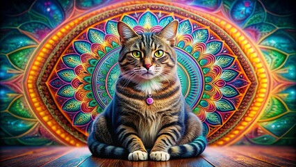 Obraz premium of a colorful pet cat sitting in a meditative mandala pose with a sensual and serious expression , ????, ?? ???, mandala feel, ????