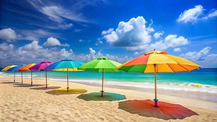 Fototapeta premium Sunny beach with colorful umbrellas providing shade for relaxation, beach, umbrellas, colorful, relaxation, vacation, sand