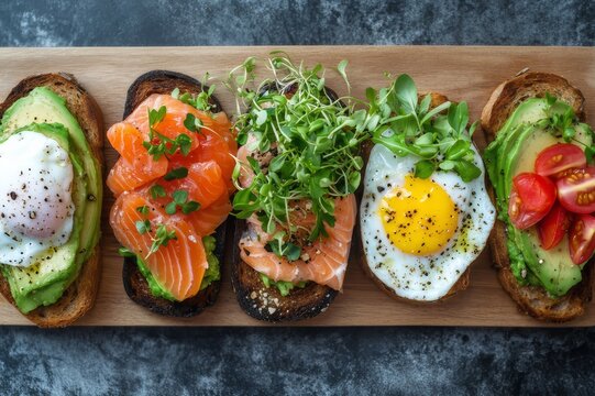 A selection of avocado toast variations on a wooden board.