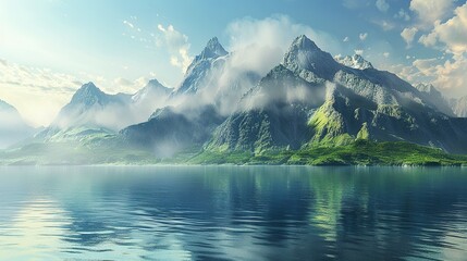Misty Mountains Reflecting in a Still Lake