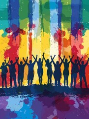 A group of people are standing together in a colorful, abstract painting