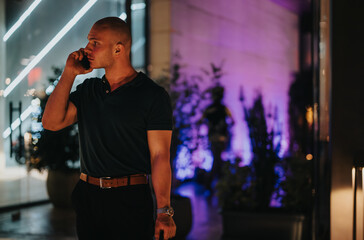 A young businessman standing outside at night, talking on his phone. Neon lights create a modern urban atmosphere.