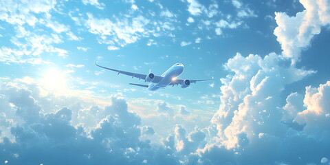 An airplane flying in the blue sky and white clouds. Suitable for many things, such as decorating home, shop or office, helping to create a bright, relaxing atmosphere or teaching media about travel.