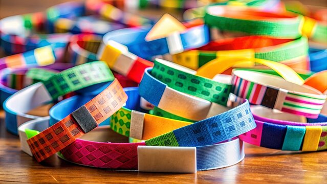 Vibrant Nostalgia Collection of intertwined concert wristbands and tickets on table in warm indoor setting, music