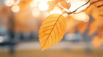Obraz premium Close-up of a yellow autumn leaf. A bright orange tree changes with a blurred bokeh background. Golden colors in the park on a light, sunny, and warm October day. generative ai