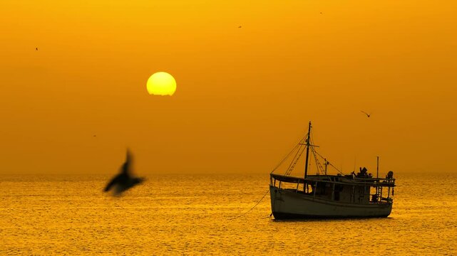 Fishing boats in Juan Griego Bay at sunset. Margarita Island, Nueva Esparta State. Venezuela