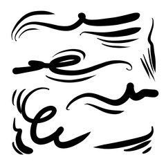Doodle wind line sketch set. Hand drawn doodle wind movement, air blowing, vortex elements. Sketch of air blowing movement, abstract lines. Isolated vector illustration.