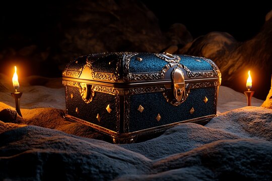 An ornate treasure chest illuminated by flickering candles in a dark cave, evoking a sense of adventure and mystery.