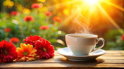 A cup of hot coffee or tea on a saucer with red flowers in sunlight , coffee, tea, saucer, vase, flowers, red, sunlight, window