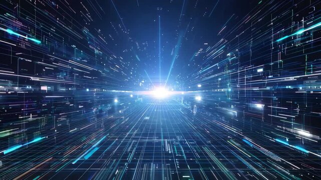 Futuristic digital landscape with glowing lines and data streams, conveying speed and technology in a vibrant blue environment.