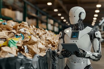 Industrial robot sorting waste in a recycling plant symbolizing the integration of automation and sustainability in modern waste management
