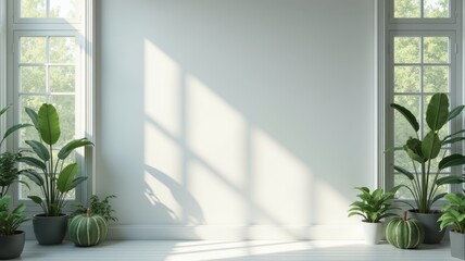 Fototapeta premium Sunlit Room with Green Indoor Plants and Large Windows