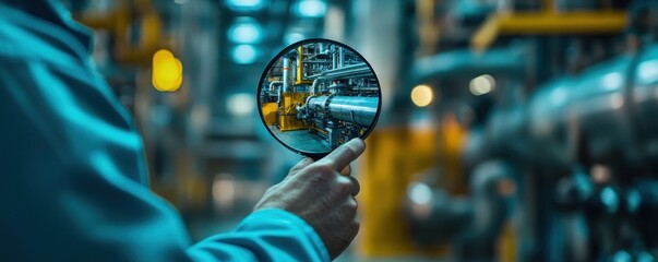 Naklejka premium Architectural photograph of an industrial facility, showing a close-up of an engineer's hand holding a magnifying glass to check the pulse on one pipe in the foreground. 