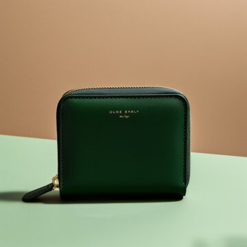 Elegant Green Leather Wallet on Two-Tone Background - "Oure Barly" Text