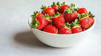 Close-up of a white bowl filled with red ripe strawberries on a light white background. The fresh berries are the focal point, standing out against the clean backdrop.