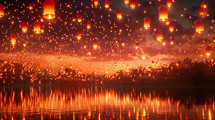 Naklejka premium sky ablaze with countless floating lanterns at sunset
