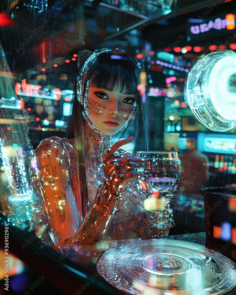 Poster neon cyborg hot bartender woman behond the disk serving a sparkling neon Silver drink