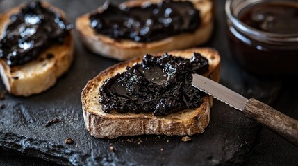Close-up of black garlic spread on toasted bread, with a knife spreading more of the rich, dark paste, emphasizing its flavor and health benefits.