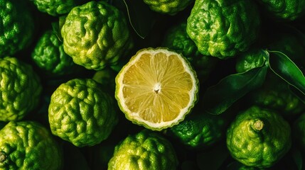 Close-up of fresh bergamot fruits, one sliced open, displaying the detailed texture and juicy pulp, with ample copy space.
