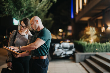 Two business professionals collaborating and discussing work on a tablet during the night outside a modern building.