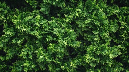 Fototapeta premium Close-up of thuja tree hedge, with dense green foliage creating a natural and lush barrier. Perfect for nature and garden photography.