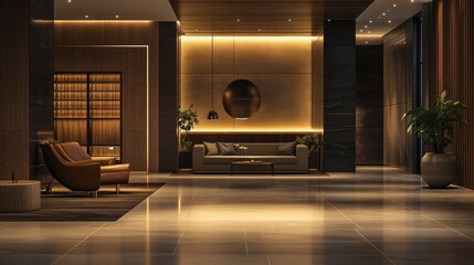 Fototapeta premium Contemporary hotel lobby with a comfortable sofa and chair, empty yet inviting. Elegant decor and lighting create a cozy atmosphere for hospitality-focused images.