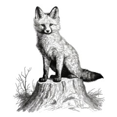 Detailed Black and White Fox Illustration on Tree Stump - Nature Wildlife Art