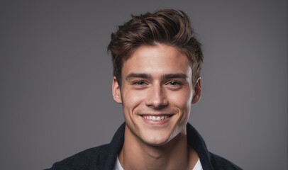 A young man with brown hair smiles at the camera in front of a gray background