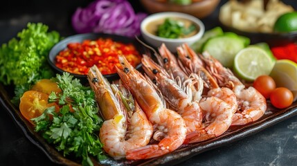 Delicious grilled shrimp prawns on a tray, paired with fresh vegetables and seafood sauce, perfect for a Thai seafood buffet. The vibrant colors and textures enhance the visual appeal.