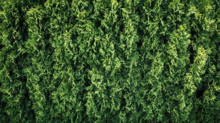 Fototapeta premium Dense green hedge of thuja trees, creating a seamless, natural boundary. Ideal for privacy and outdoor design photography.