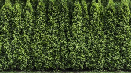 Fototapeta premium Dense green hedge of thuja trees, creating a seamless, natural boundary. Ideal for privacy and outdoor design photography.