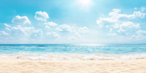 Obraz premium A peaceful seaside setting with a bright sun, blue sky, and gentle waves lapping against the sandy coast, creating a relaxing holiday atmosphere