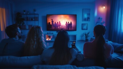 Naklejka premium A group of friends gathers on a comfortable couch watching a movie together in a softly illuminated living room