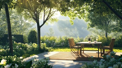 Obraz premium Elegant garden with a wooden table and chairs, sunlight filtering through trees, and a clear blue sky.