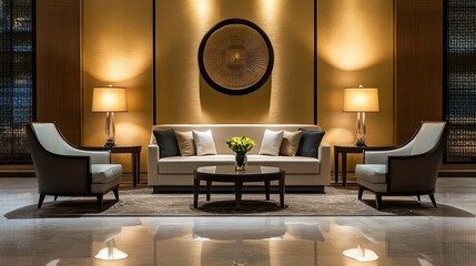 Elegant hotel lobby featuring an empty sofa and chair arrangement. Stylish interior design with contemporary decor and subtle lighting for a welcoming ambiance.