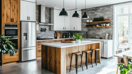 Elegant kitchen design with wooden cabinets, a white island, and gray stone splashback. Sunlight enhances the modern, cozy atmosphere, perfect for product backgrounds.