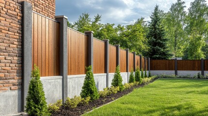 Fototapeta premium Featheredge wooden fence with concrete support and brick wall, creating a secure and stylish outdoor boundary. Sturdy and well-designed for yard grounds.