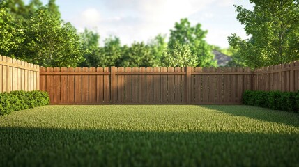 Fence with wooden panels and a brick wall surrounding a yard. Brown picket fence with straight lines, light-colored wall, and well-maintained grounds.