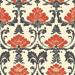 Damask Floral Pattern with Red and Black Flowers.