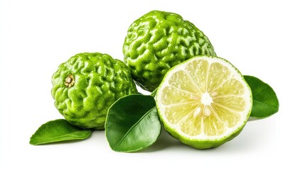 Fototapeta premium Fresh green bergamot fruits on a white background, one sliced open to showcase the juicy interior. Clipping path and copy space.