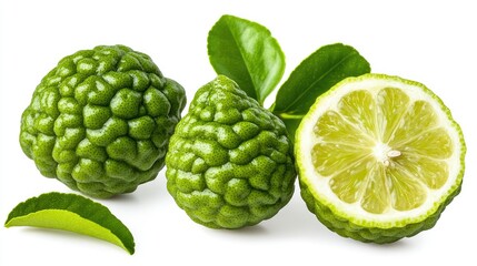 Fototapeta premium Freshly cut green bergamot fruits, one half revealing its pulp, placed against a white background. Clipping path included.
