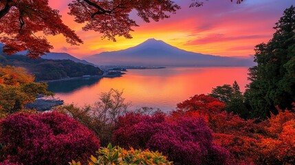 Fototapeta premium Morning Bliss: The beauty of autumn leaves in the early morning at Atami Plum Garden, Atami City, Shizuoka Prefecture. A serene and colorful dawn.