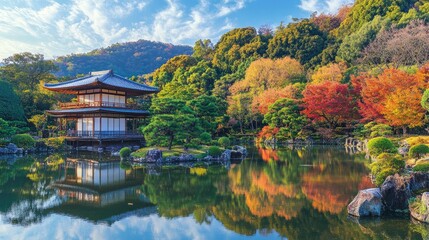 Obraz premium Morning Serenity: Early morning at Atami Plum Garden, Shizuoka Prefecture. The autumn leaves create a peaceful and colorful atmosphere in Atami City.
