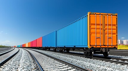 Fototapeta premium - Industrial container on a railway, factory in the background under a clear sky, copy space for text,