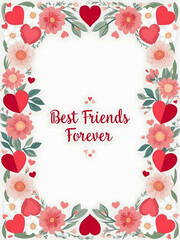 Fototapeta premium 3D flat icon design: Friendship Love border frame with flowers and hearts, perfect for personalized messages and invitations. Peaceful and welcoming atmosphere. Isolated on white background.
