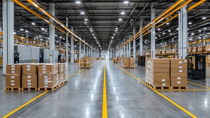Fototapeta premium - Warehouse interior with stacked boxes and automated machinery, brightly lit with natural light, copy space for text,