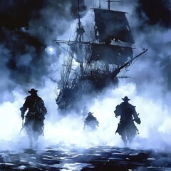 Fototapeta premium 6. Ghostly pirate crew, emerging from the fog, haunted night, Watercolor style